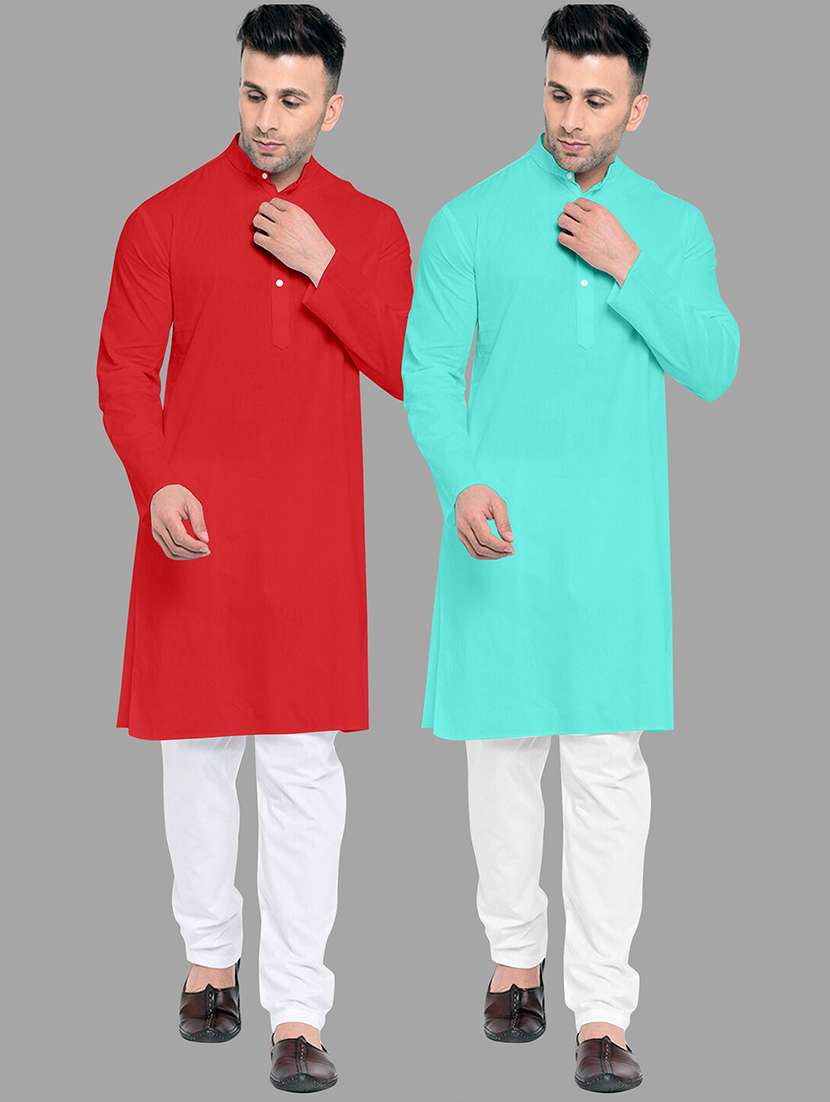 men pack of 2 solid mandarin neck kurta pyjama set