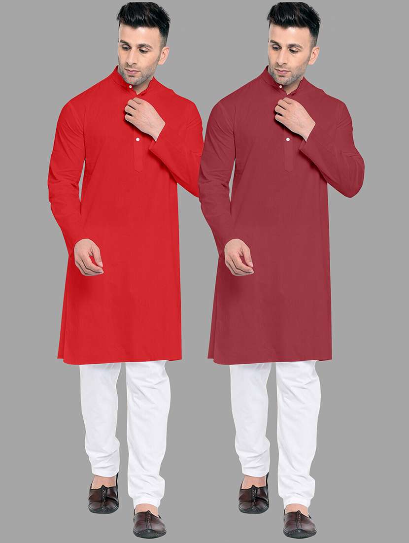 men pack of 2 solid mandarin neck kurta pyjama set