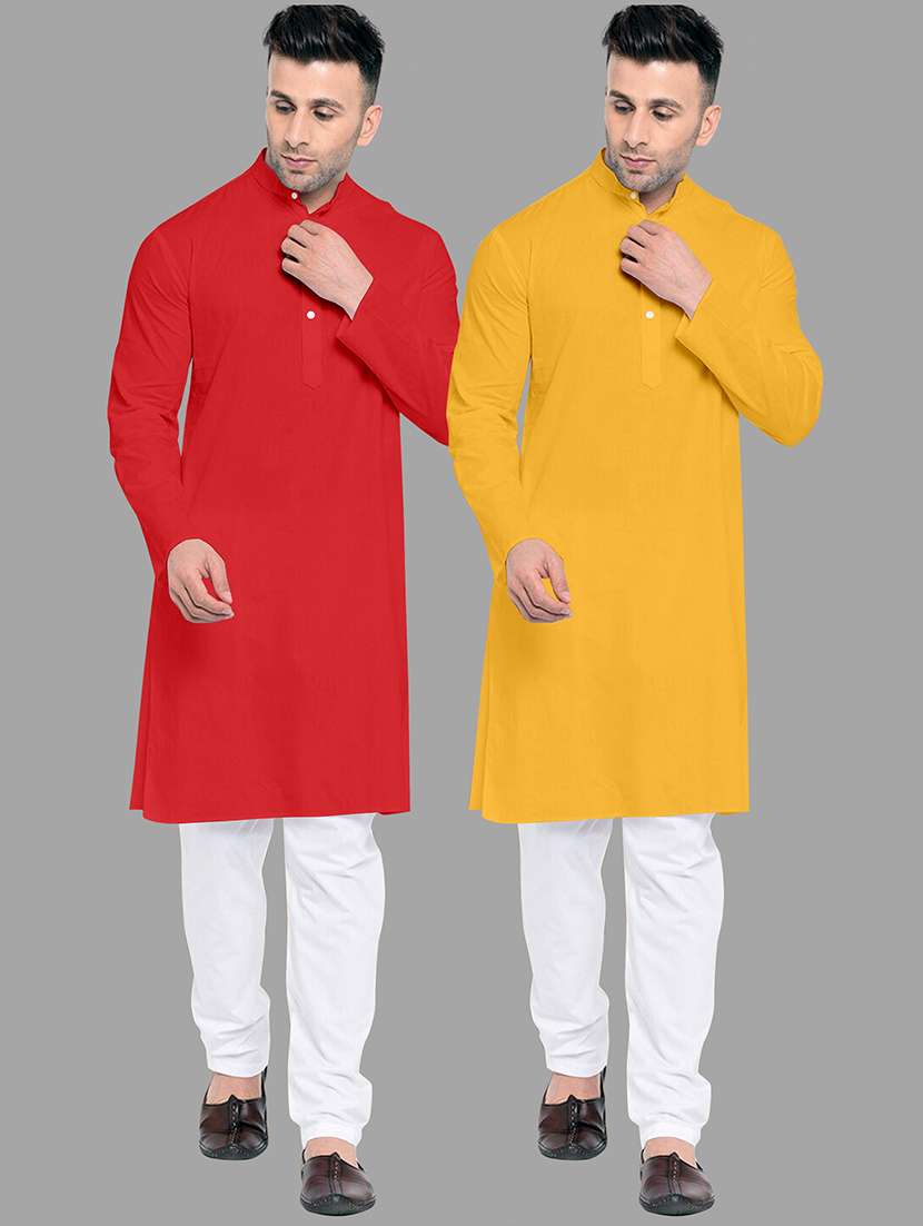 men pack of 2 solid mandarin neck kurta pyjama set