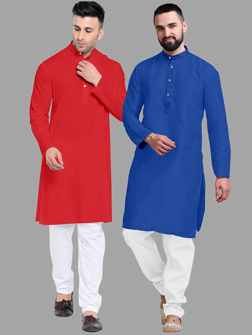 men pack of 2 solid mandarin neck kurta pyjama set