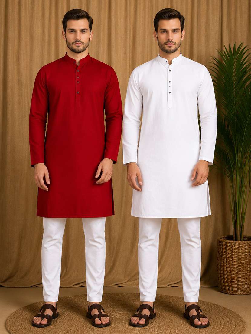 men pack of 2 solid mandarin neck kurta pyjama set