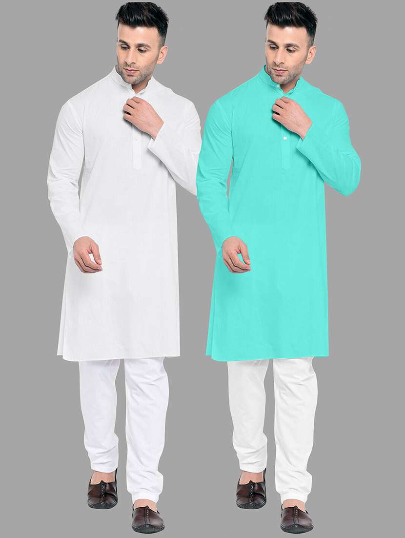 men pack of 2 solid mandarin neck kurta pyjama set