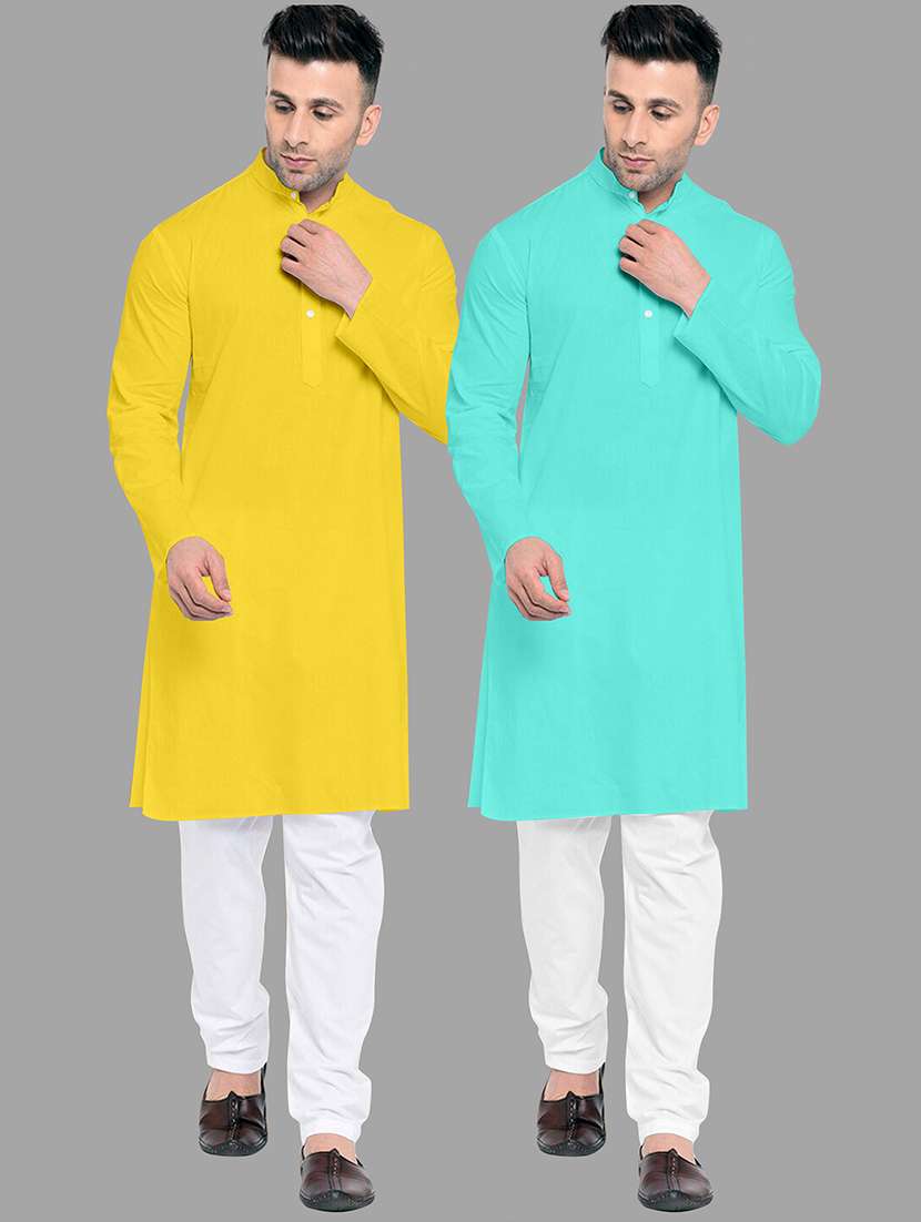 men pack of 2 solid mandarin neck kurta pyjama set