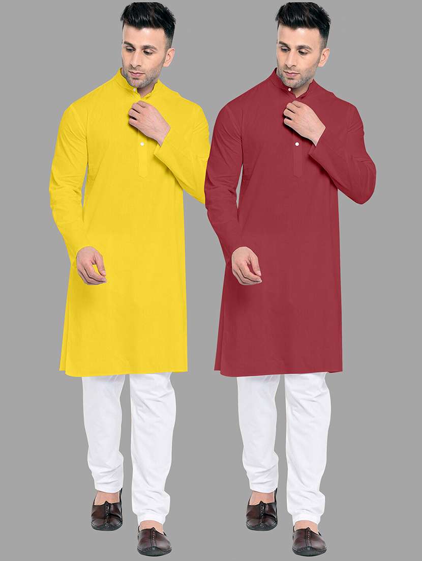 men pack of 2 solid mandarin neck kurta pyjama set