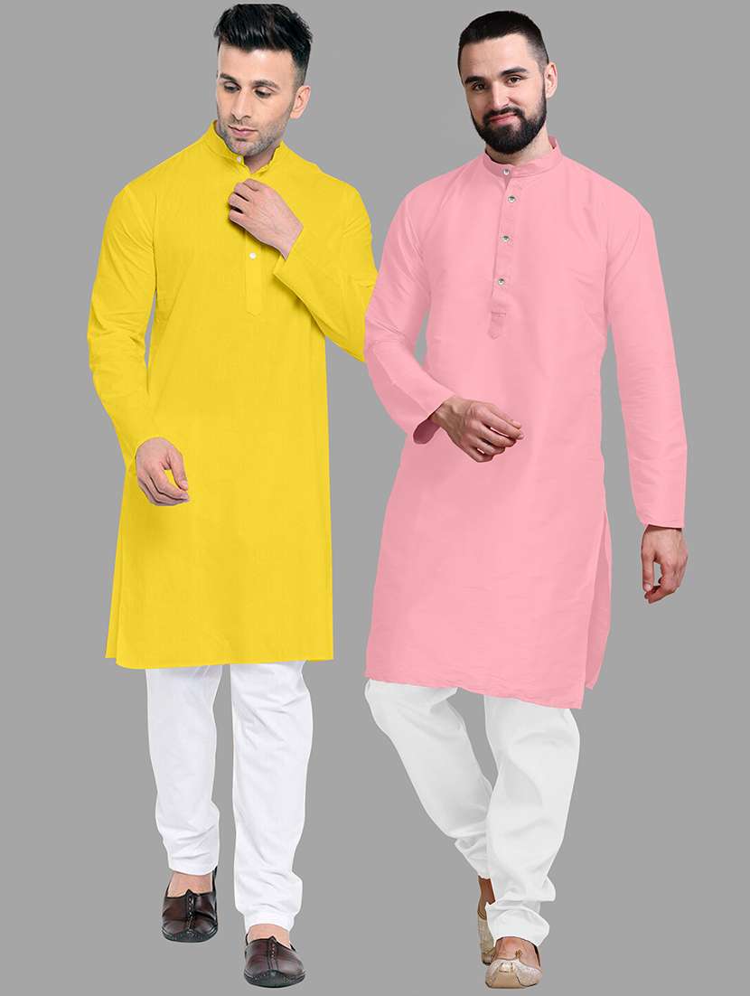 men pack of 2 solid mandarin neck kurta pyjama set