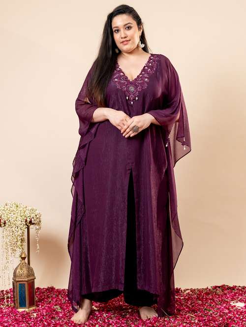 women solid with work kimono sleeve kaftan kurta pant set - 21977711 - Standard Image - 0