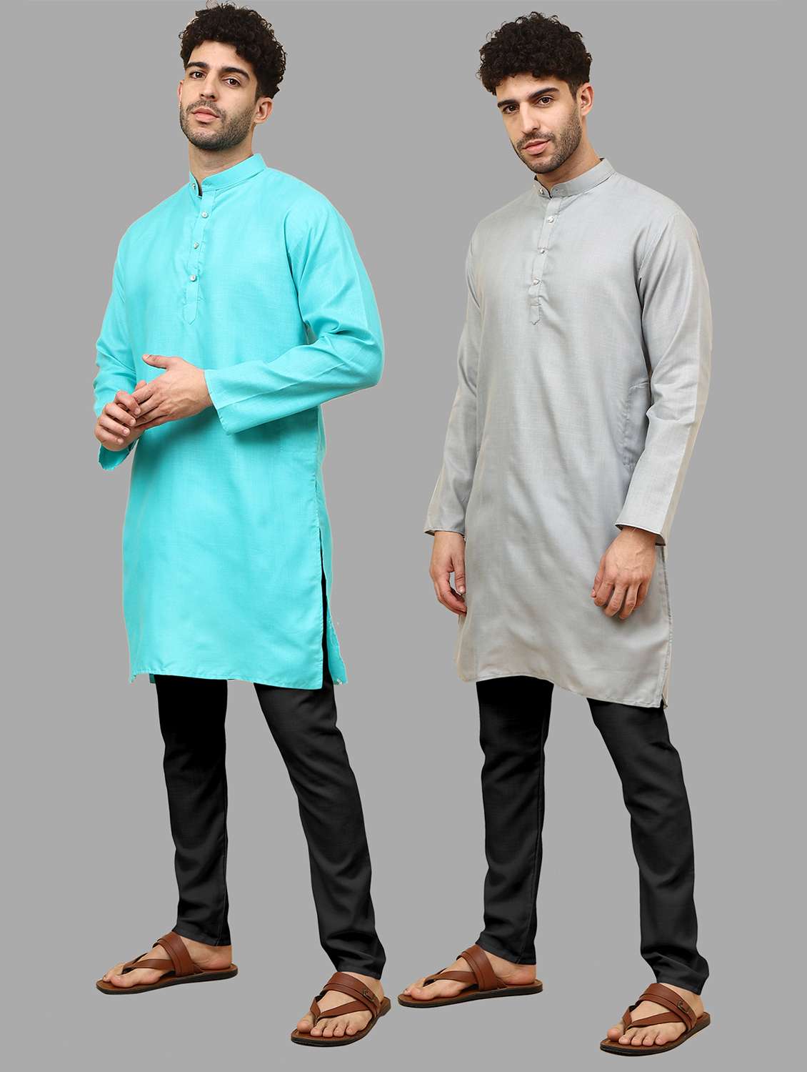 men pack of 2 solid mandarin neck kurta pyjama ethnic wear set