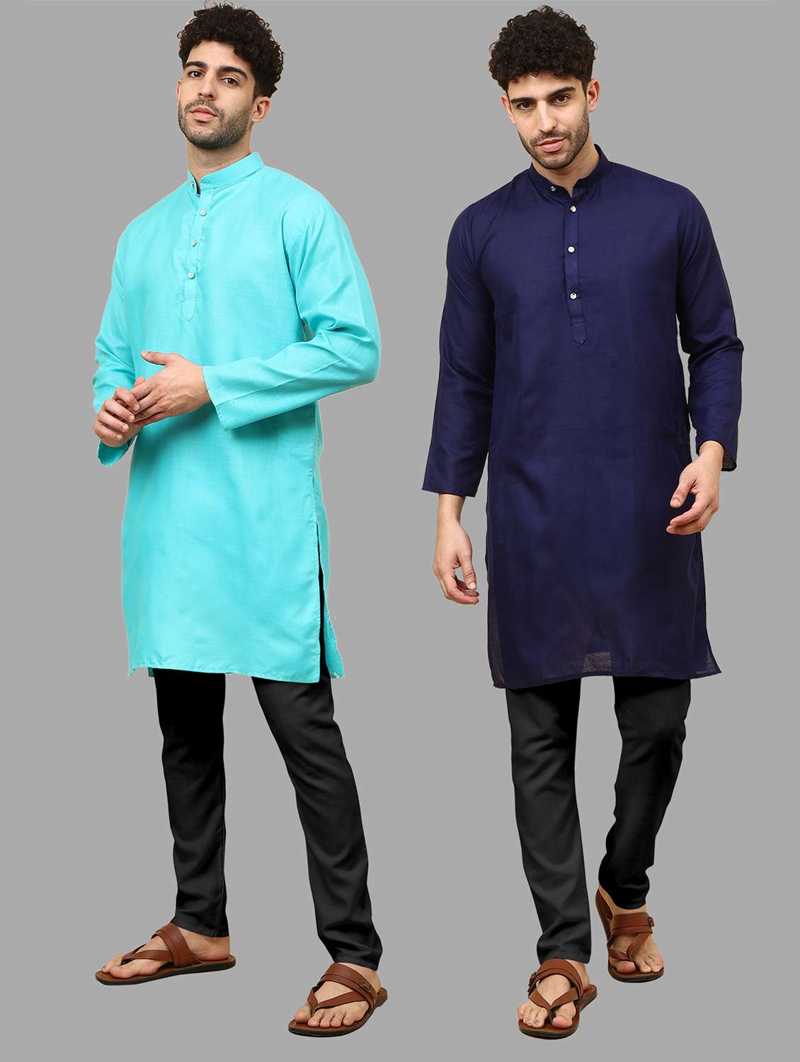 men pack of 2 solid mandarin neck kurta pyjama ethnic wear set