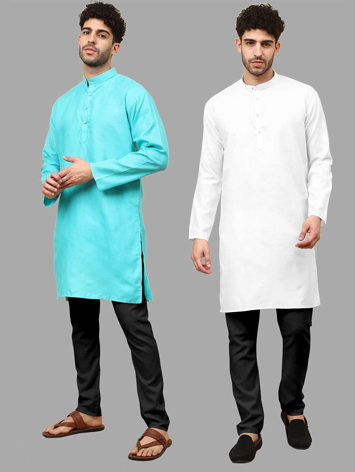 men pack of 2 solid mandarin neck kurta pyjama ethnic wear set