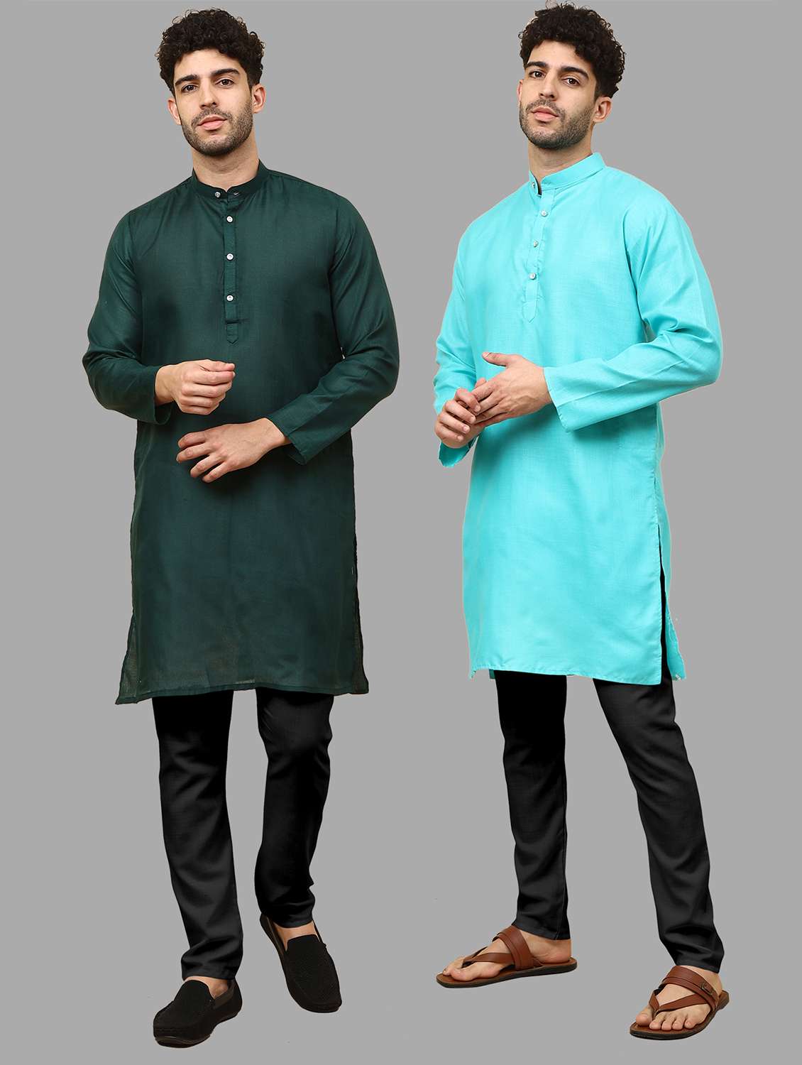 men pack of 2 solid mandarin neck kurta pyjama ethnic wear set