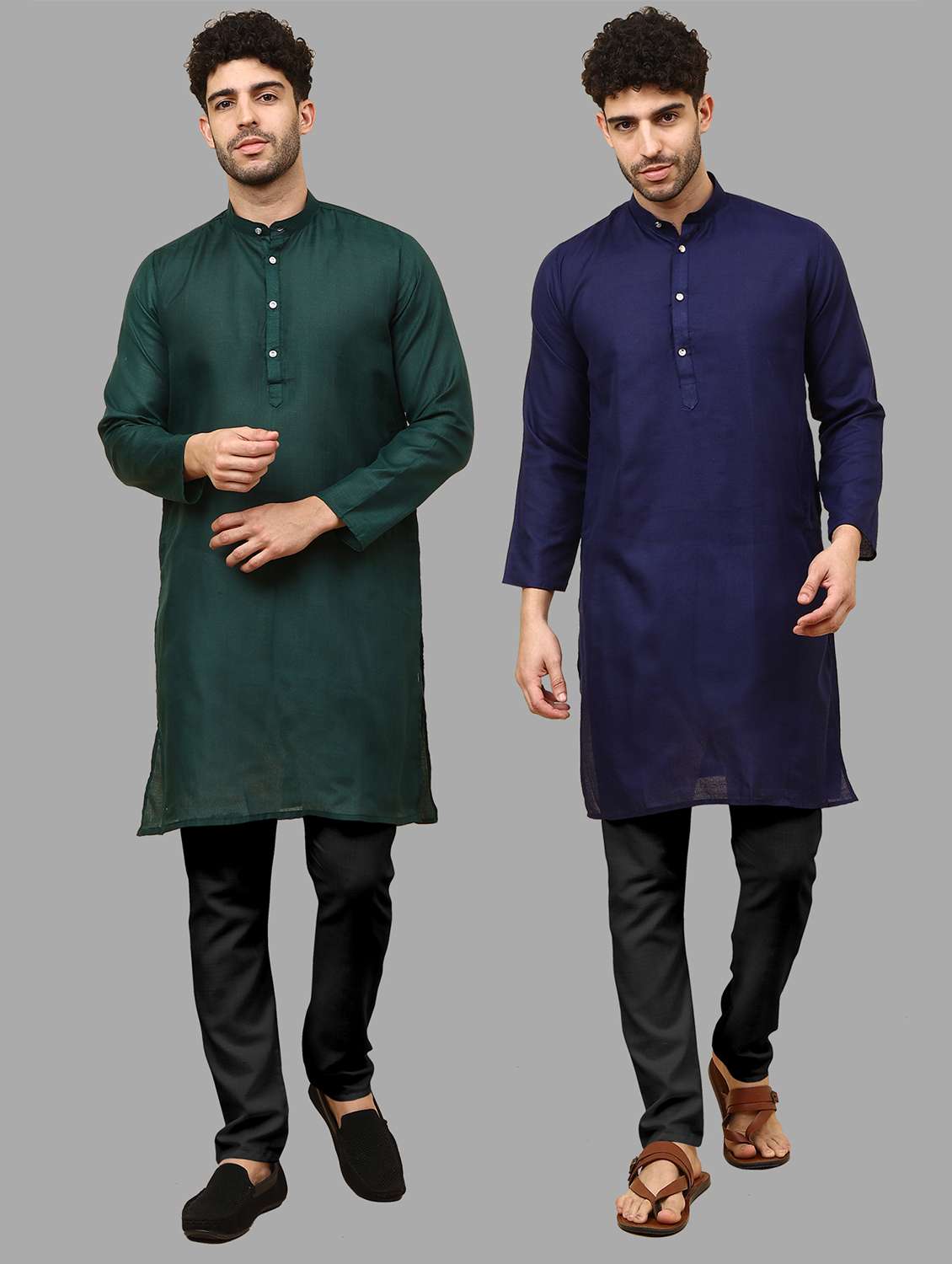 men pack of 2 solid mandarin neck kurta pyjama ethnic wear set