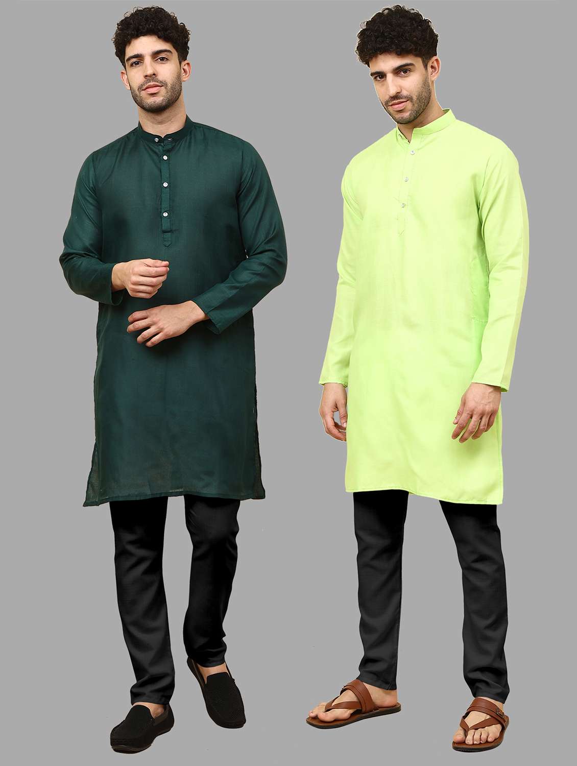 men pack of 2 solid mandarin neck kurta pyjama ethnic wear set