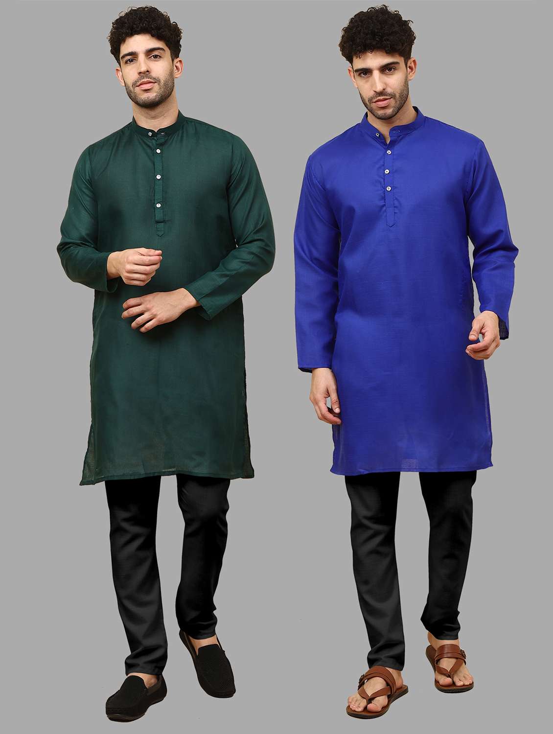men pack of 2 solid mandarin neck kurta pyjama ethnic wear set