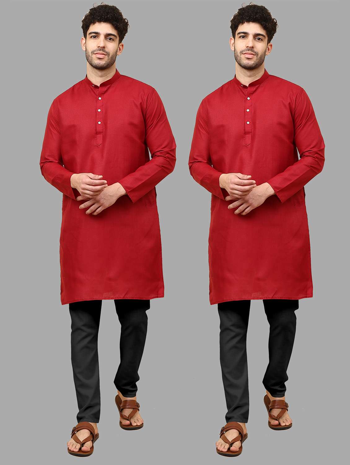 men pack of 2 solid mandarin neck kurta pyjama ethnic wear set