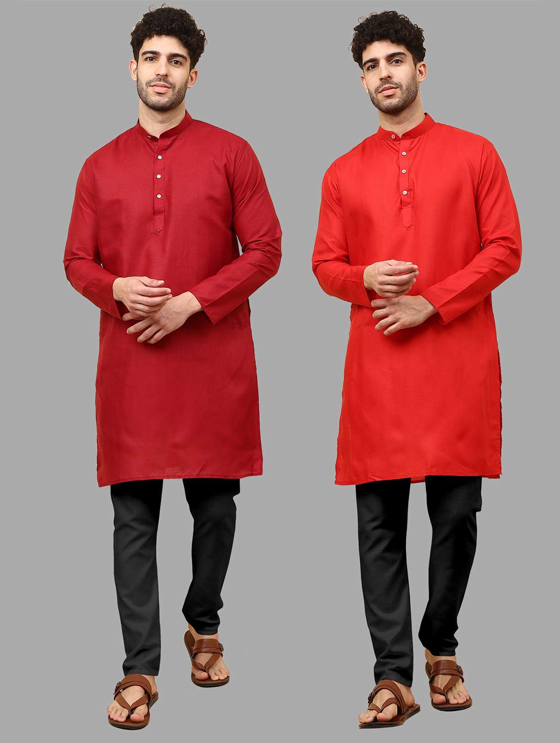 men pack of 2 solid mandarin neck kurta pyjama ethnic wear set