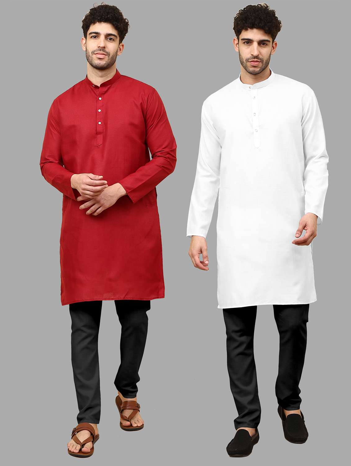 men pack of 2 solid mandarin neck kurta pyjama ethnic wear set