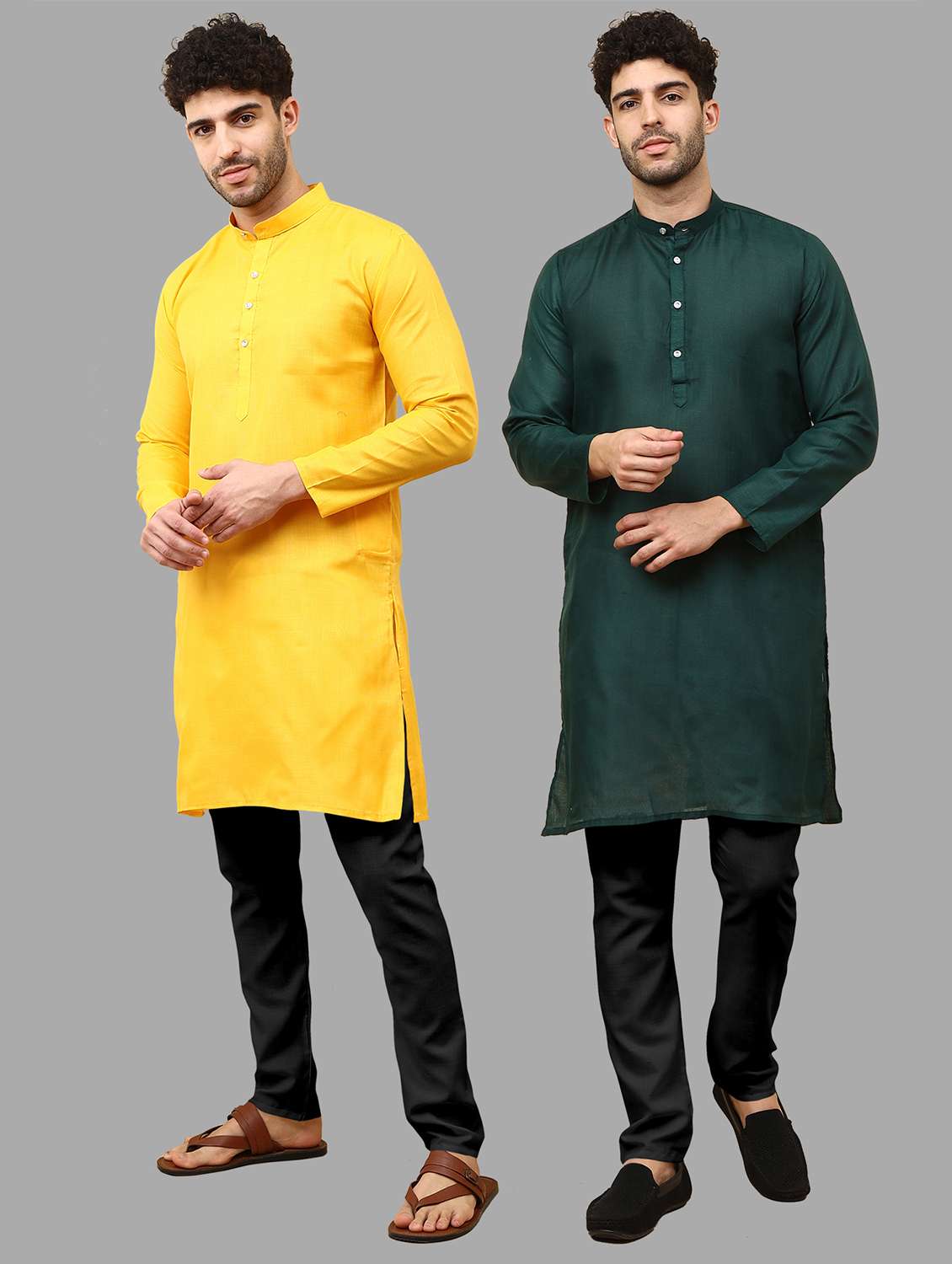 men pack of 2 solid mandarin neck kurta pyjama ethnic wear set