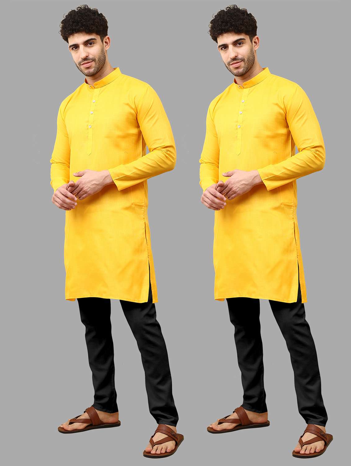 men pack of 2 solid mandarin neck kurta pyjama ethnic wear set