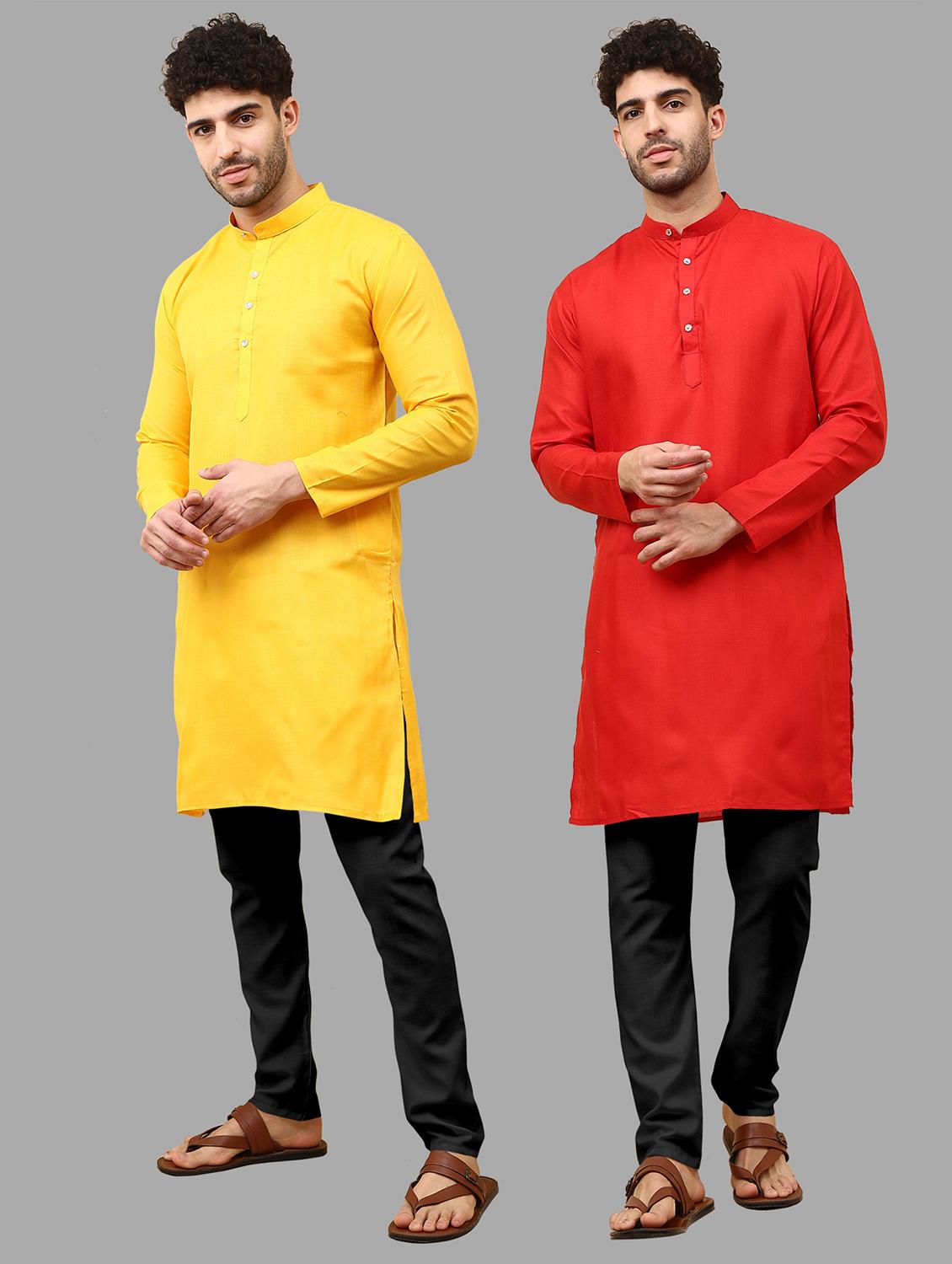 men pack of 2 solid mandarin neck kurta pyjama ethnic wear set - 21977809 -  Zoom Image - 0