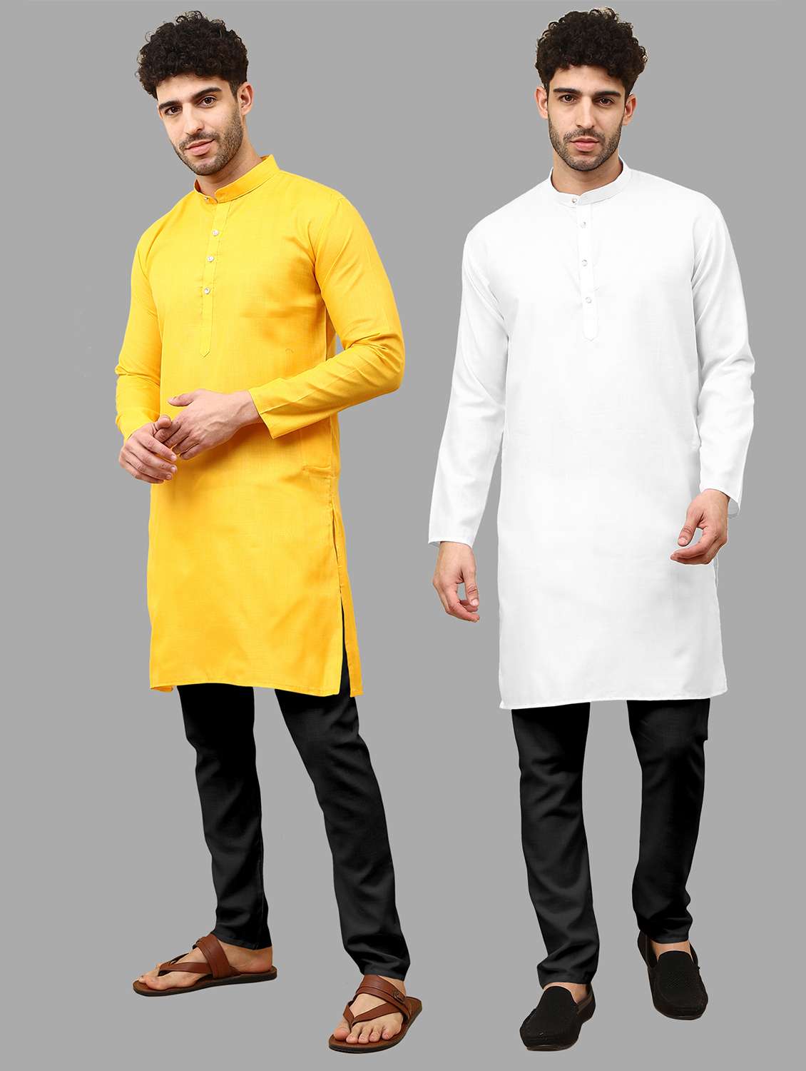 men pack of 2 solid mandarin neck kurta pyjama ethnic wear set