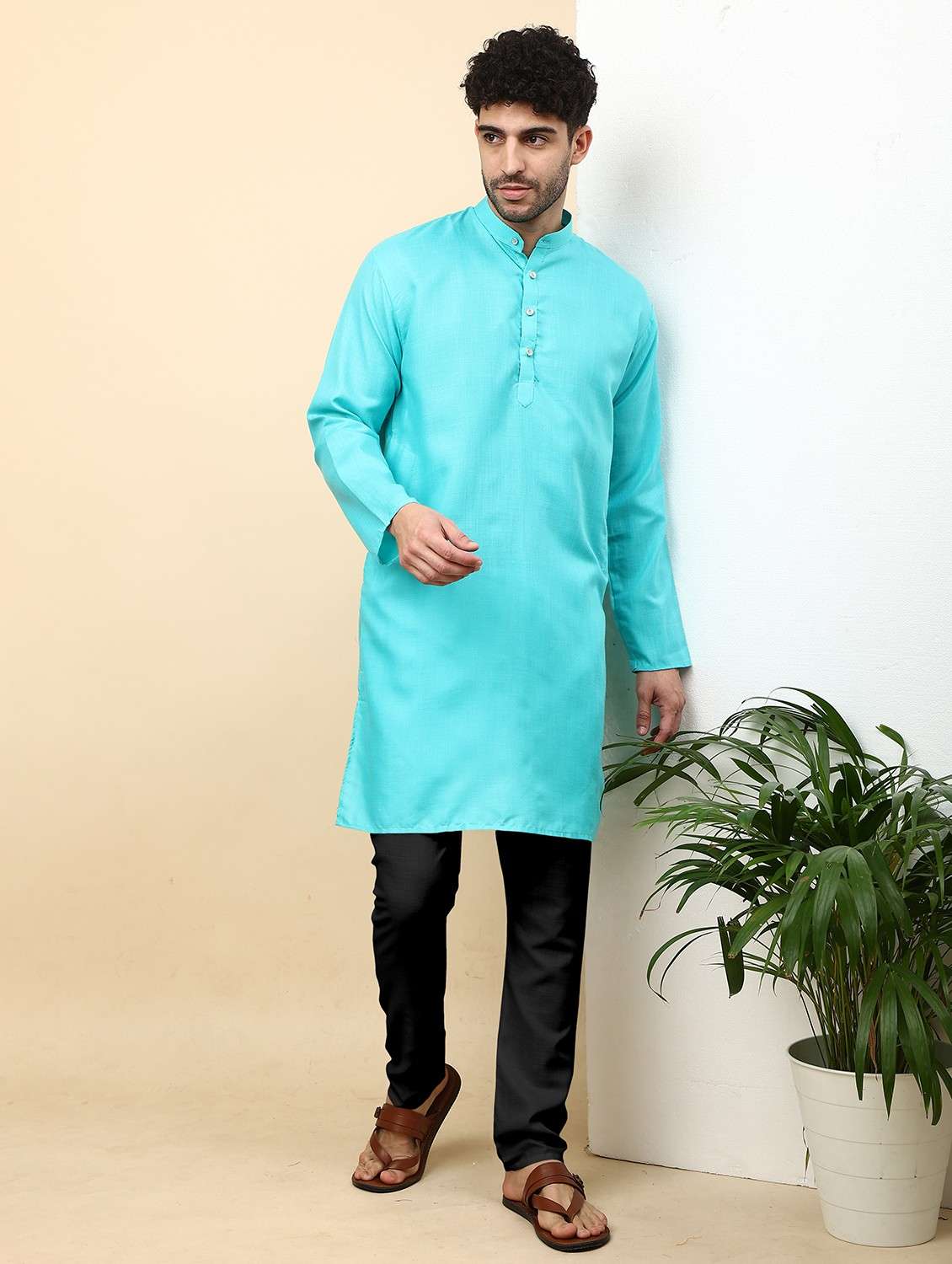 men pack of 2 solid mandarin neck kurta pyjama ethnic wear set - 21977812 -  Standard Image - 3