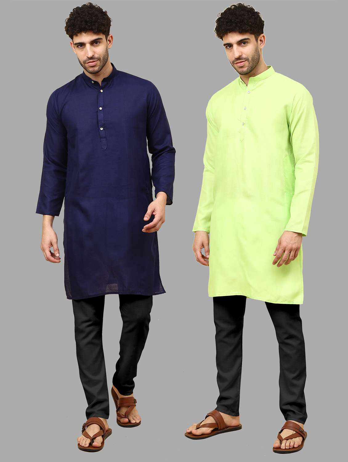 men pack of 2 solid mandarin neck kurta pyjama ethnic wear set