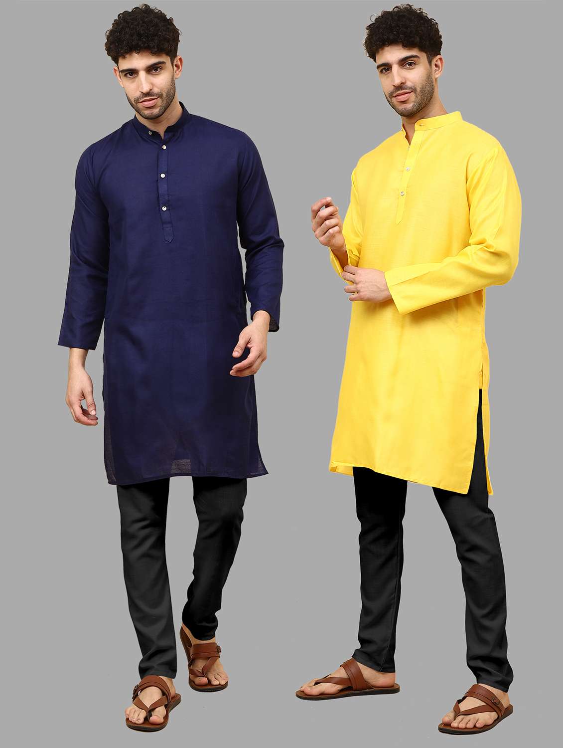 men pack of 2 solid mandarin neck kurta pyjama ethnic wear set