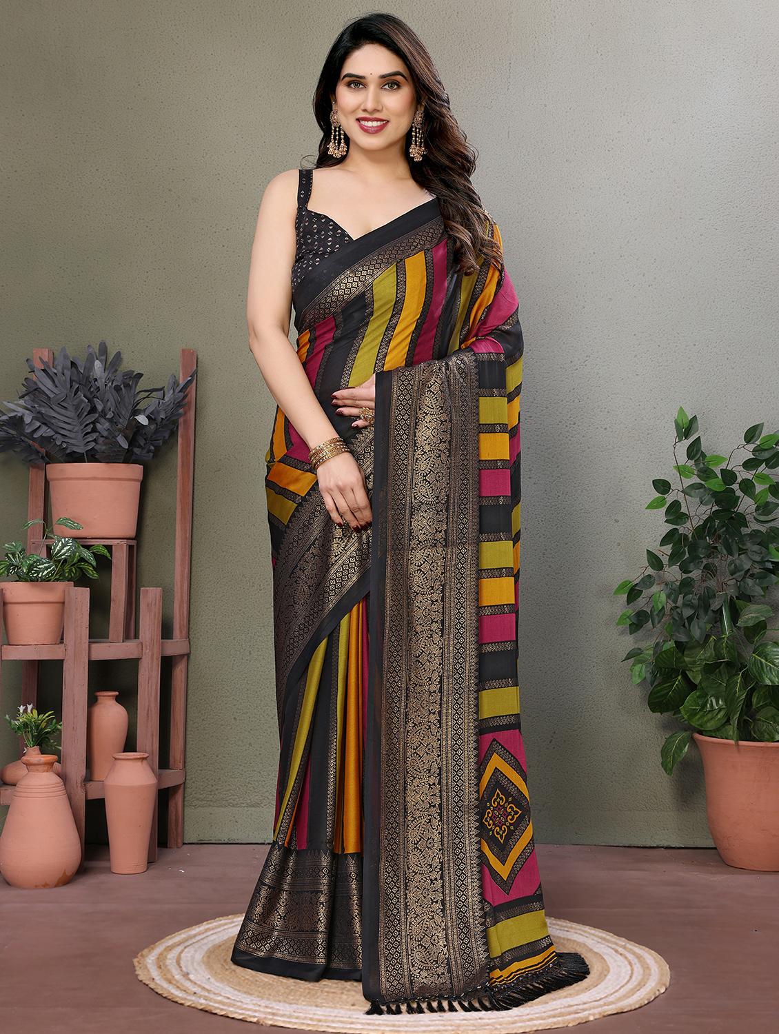 women striped printed saree with blouse - 21977877 -  Zoom Image - 0
