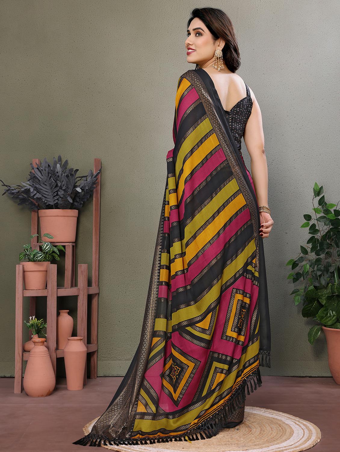 women striped printed saree with blouse - 21977877 - Standard Image - 3