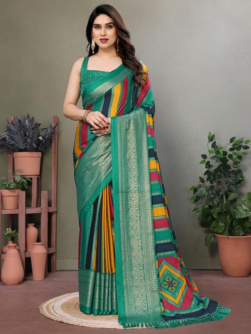 women sea green printed saree with blouse - 21977882 -  Standard Image - 0