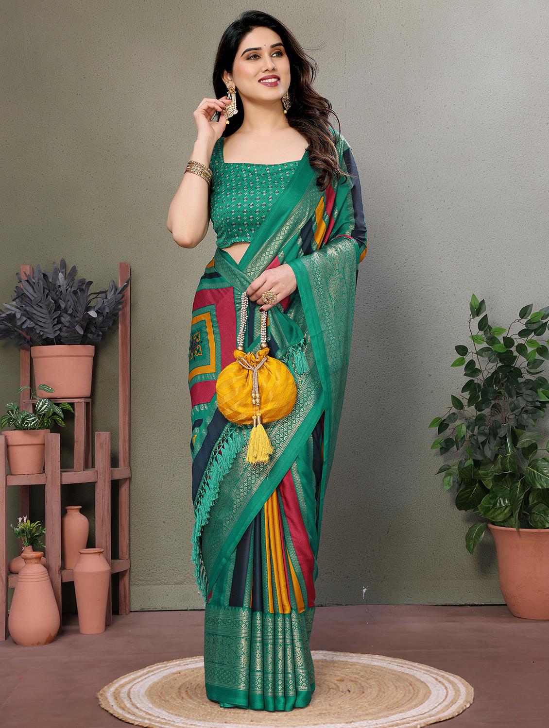 women sea green printed saree with blouse - 21977882 - Standard Image - 3