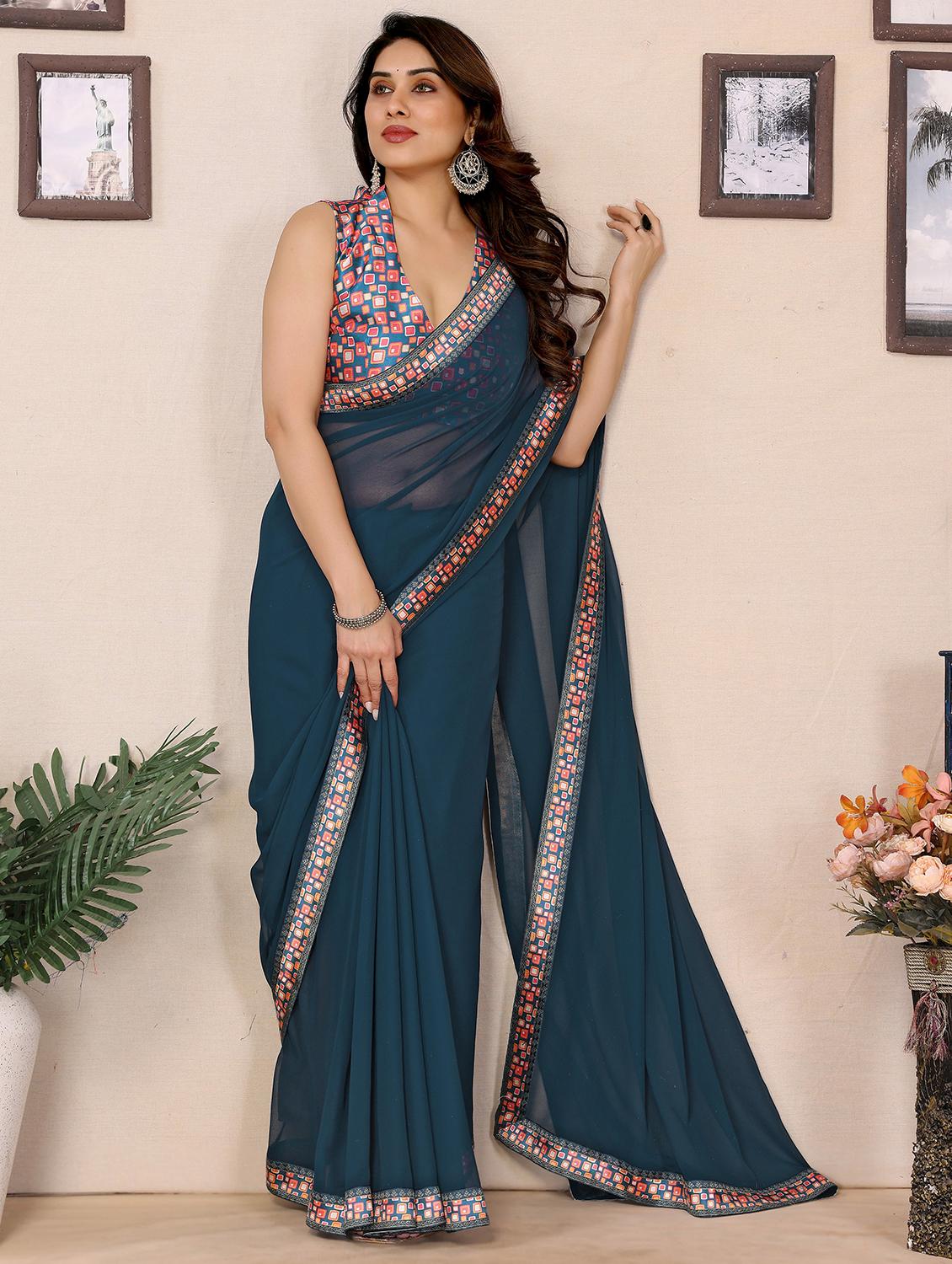 women solid with bordered saree with blouse - 21977892 - Standard Image - 3