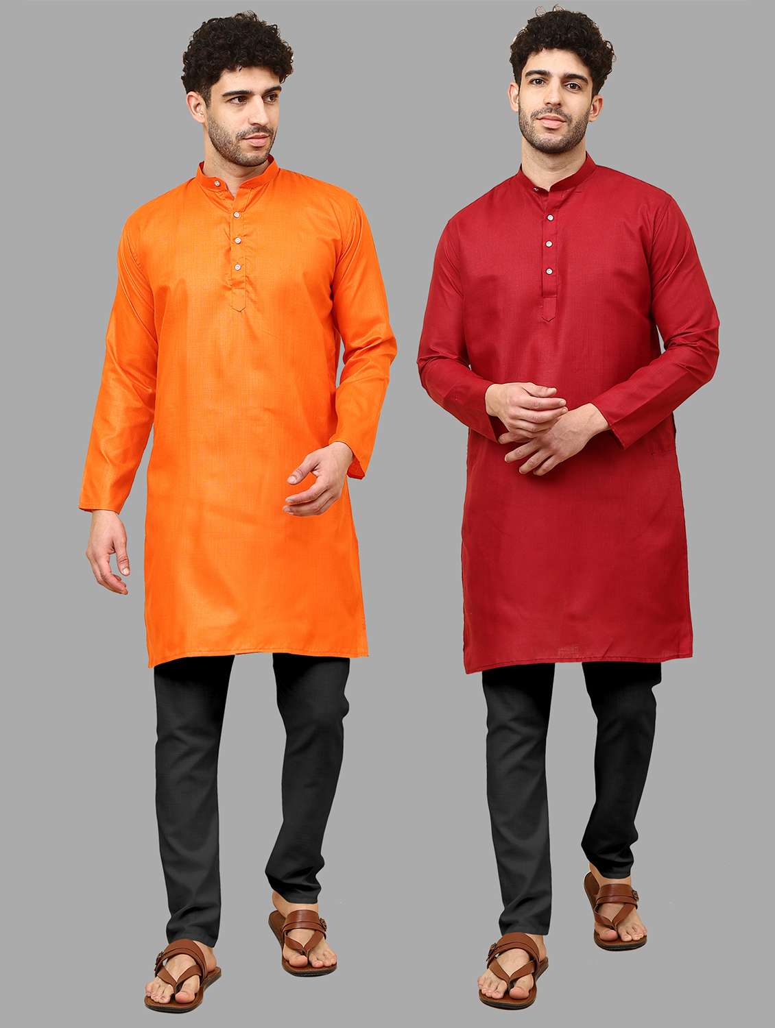 men pack of 2 solid mandarin neck kurta pyjama ethnic wear set