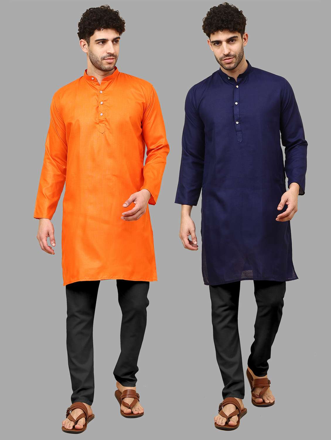 men pack of 2 solid mandarin neck kurta pyjama ethnic wear set