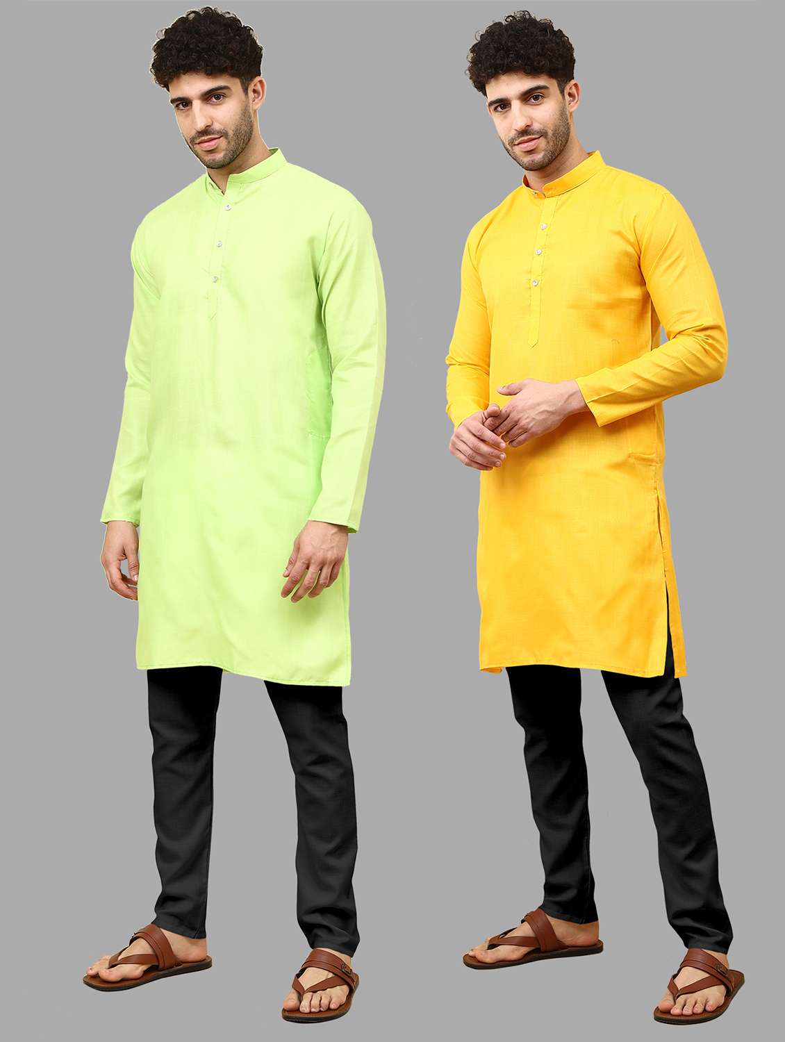 men pack of 2 solid mandarin neck kurta pyjama ethnic wear set