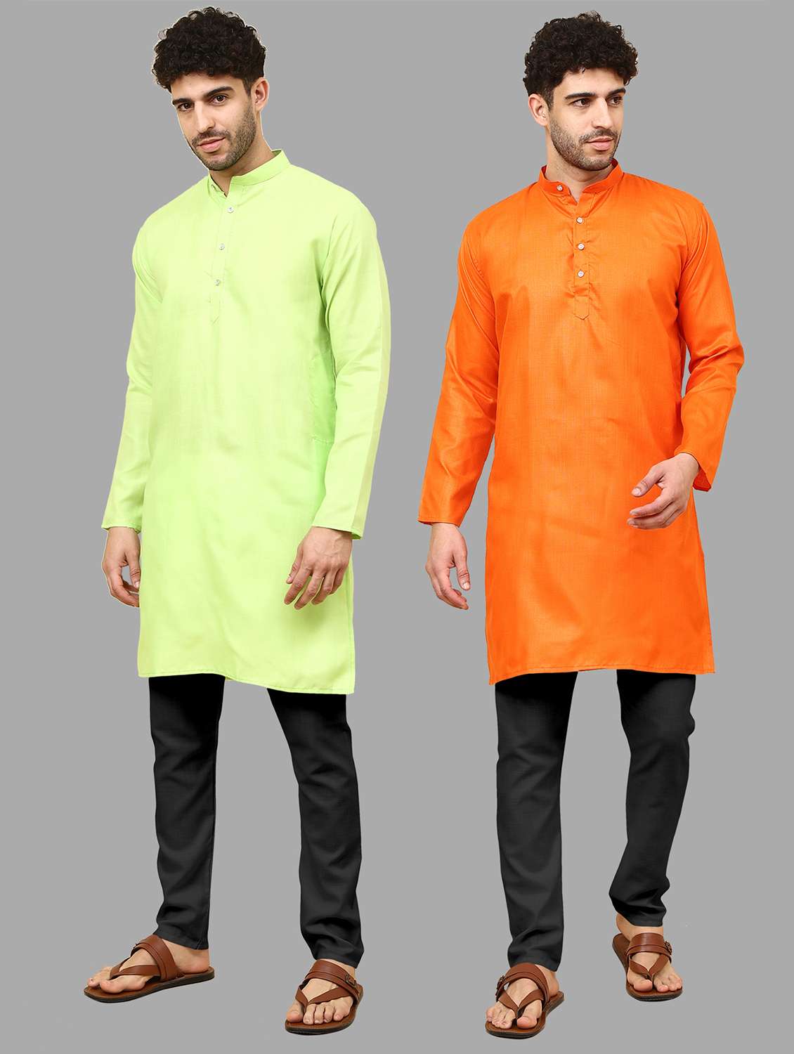 men pack of 2 solid mandarin neck kurta pyjama ethnic wear set