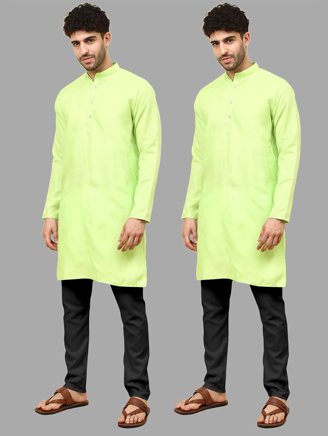 men pack of 2 solid mandarin neck kurta pyjama ethnic wear set