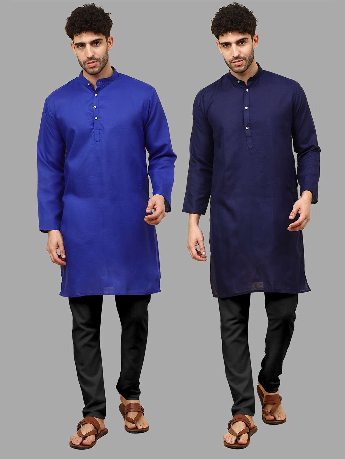 men pack of 2 solid mandarin neck kurta pyjama ethnic wear set