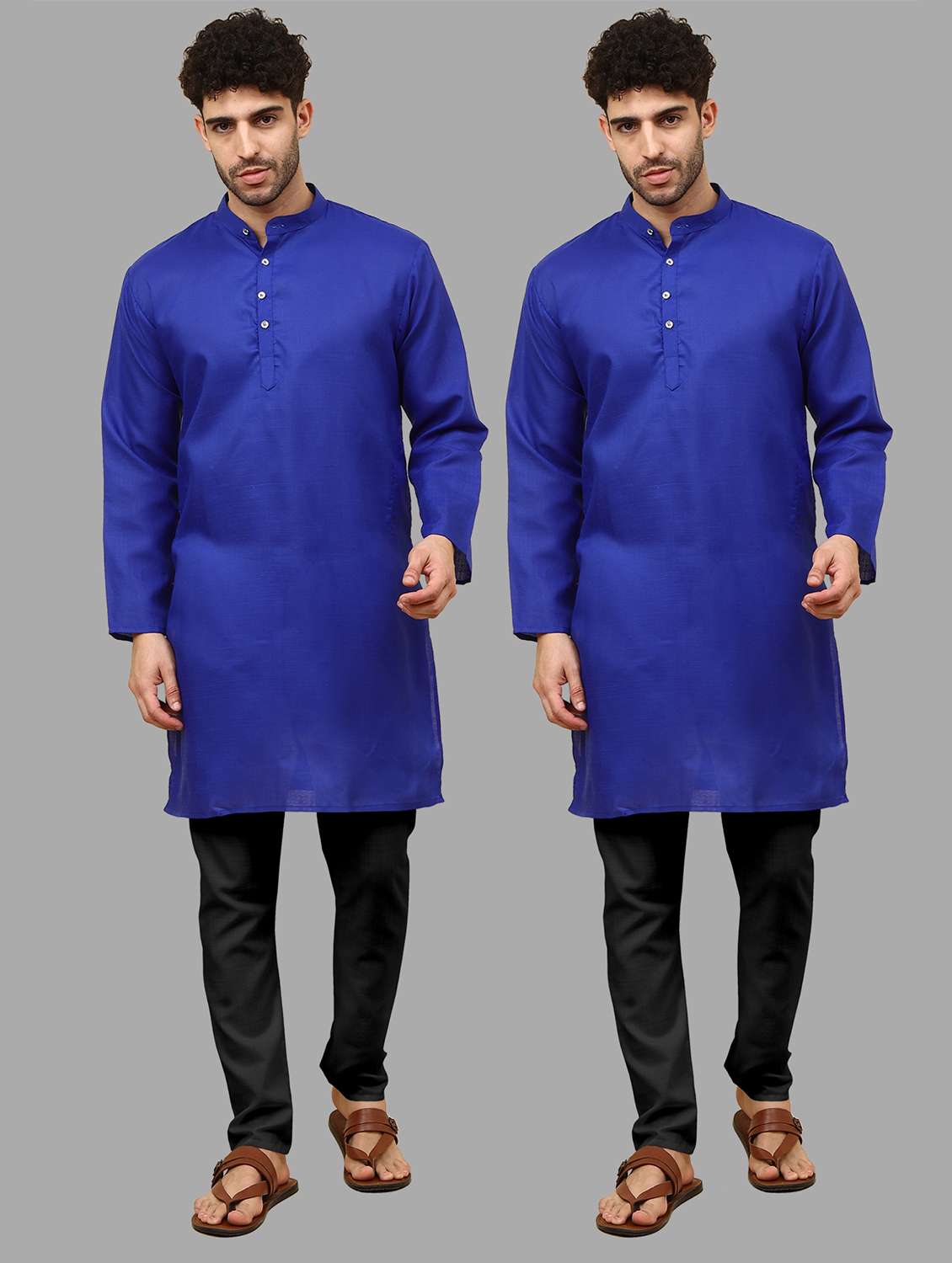 men pack of 2 solid mandarin neck kurta pyjama ethnic wear set