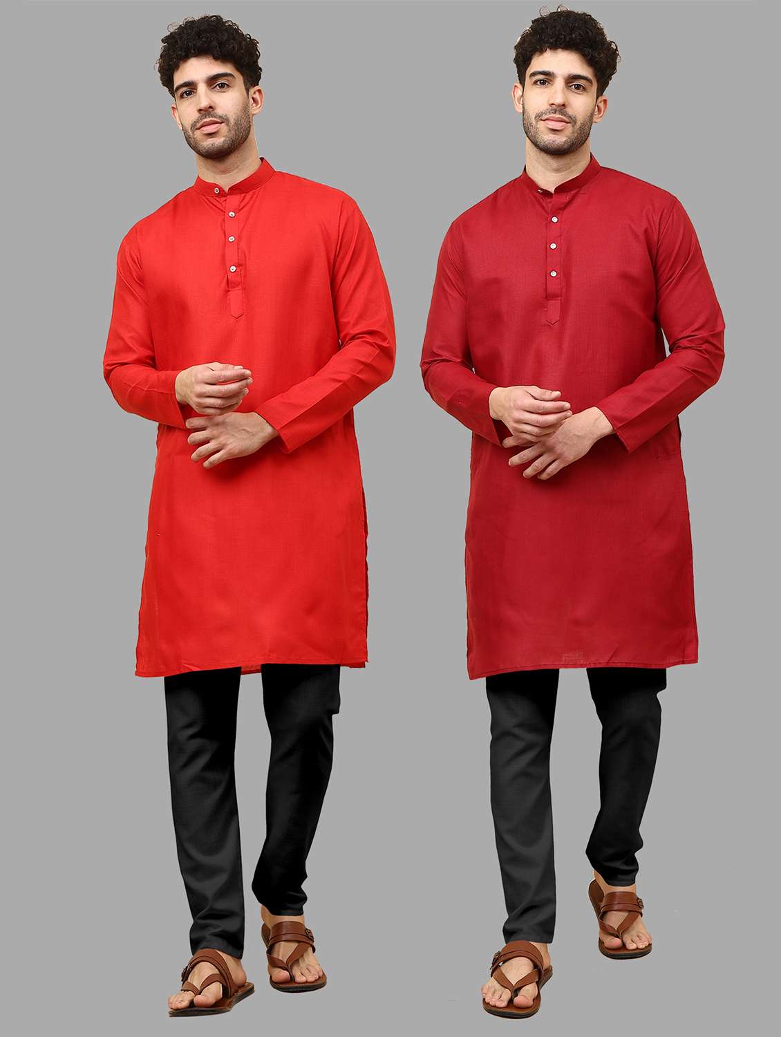 men pack of 2 solid mandarin neck kurta pyjama ethnic wear set