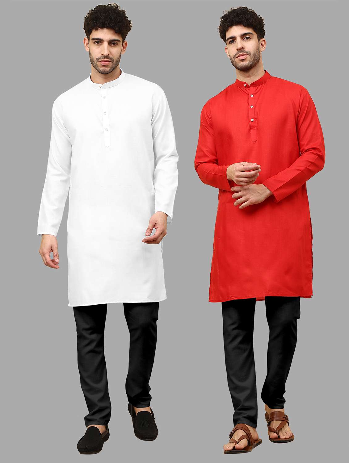 men pack of 2 solid mandarin neck kurta pyjama ethnic wear set