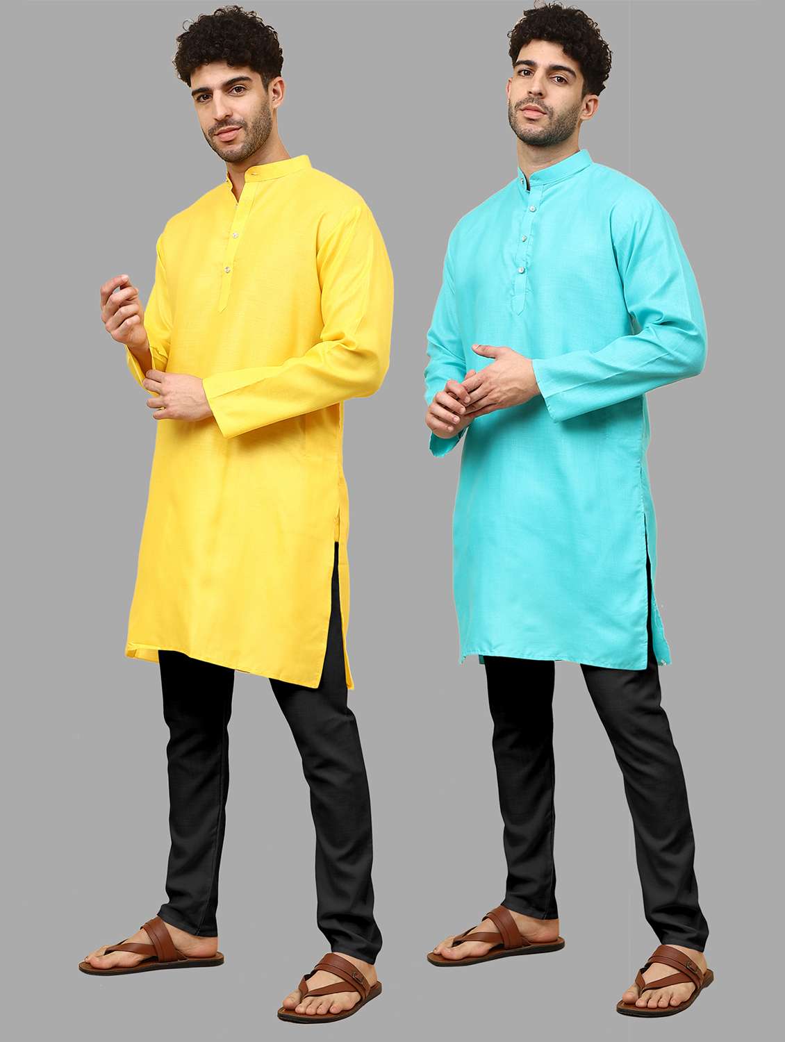 men pack of 2 solid mandarin neck kurta pyjama ethnic wear set