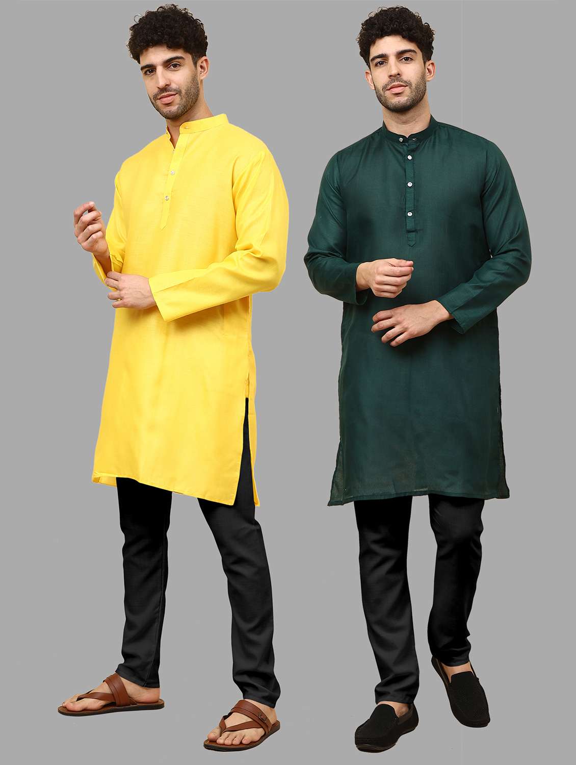 men pack of 2 solid mandarin neck kurta pyjama ethnic wear set