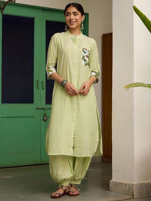 women striped three quarter sleeve kurta salwar set - 21978004 -  Standard Image - 0