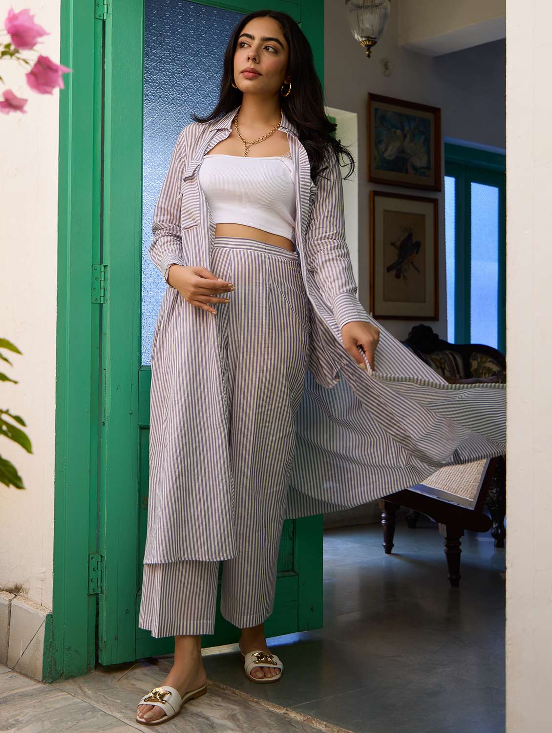 women striped long sleeve relaxed fit co ord set