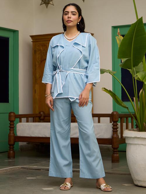 women solid three quarter sleeve relaxed fit co ord set - 21978009 - Standard Image - 0