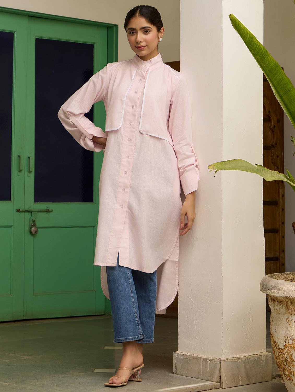 women solid long sleeve high low kurta - 21978011 -  Zoom Image - 0