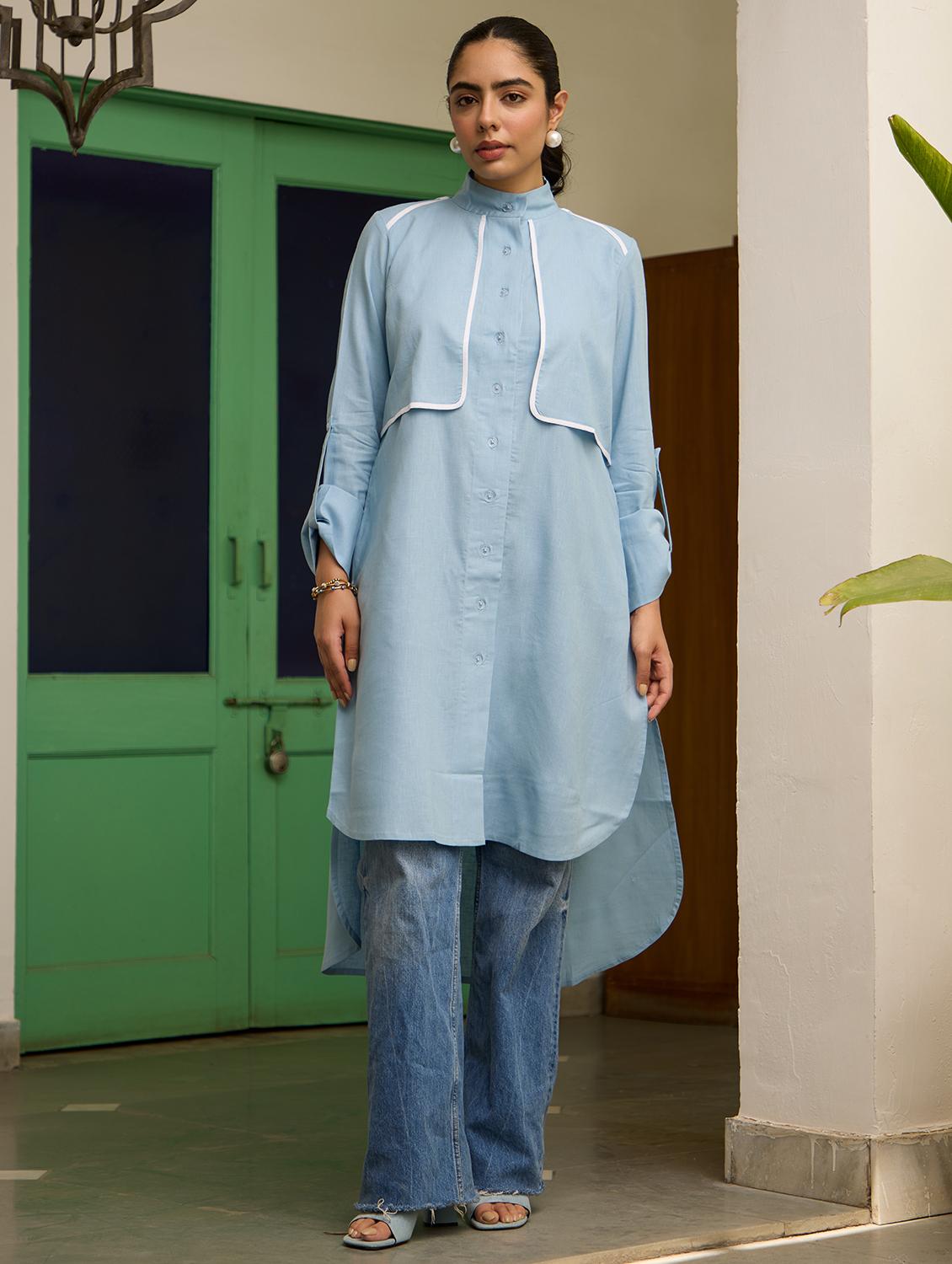 women solid long sleeve high low kurta