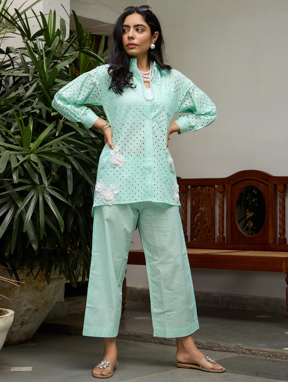 women solid with work long sleeve ethnic co-ord set - 21978029 - Standard Image - 3