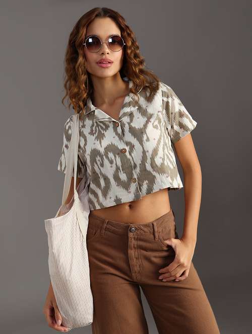 women printed collared short sleeve crop shirt - 21978064 -  Standard Image - 0